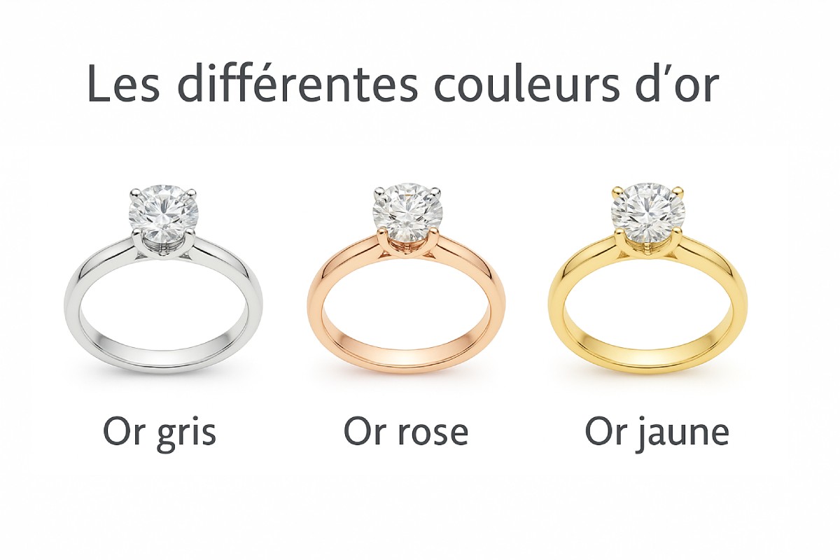 Comparaison visuelle de trois bagues en diamant sur or blanc, or rose et or jaune, illustrant les différences de teinte entre les principaux types d’or utilisés en joaillerie.